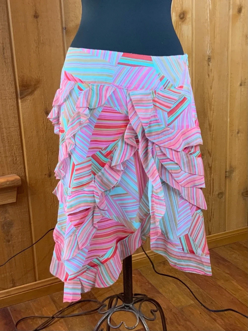 Striped Pink Turquoise Ruffle Asymmetrical Midi Skirt very flattering. - Picture 3 of 8